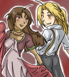  1boy blonde_hair blush braid brown_hair conqueror_of_shambala couple dancing dress dress_shirt edward_elric female fullmetal_alchemist fullmetal_alchemist:_conqueror_of_shamballa jewelry long_hair lowres necklace noah_(fma) ponytail red_eyes shirt smile suspenders yellow_eyes 