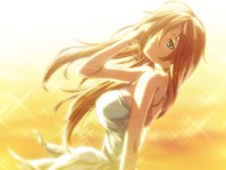  bb blonde_hair breasts dies_irae dress female g_yuusuke game_cg green_eyes hair_over_one_eye large_breasts long_hair marie_(dies_irae) outdoors scar solo sunlight 