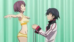  aikawa_kiyoka animated animated bouncing_breasts breasts infinite_stratos lowres medium_breasts navel orimura_ichika purple_hair short_hair tape_measure 