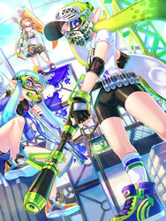  3girls aqua_hair belt bike_shorts blue_eyes commentary diving_mask dutch_angle dynamo_roller_(splatoon) elbow_pads explosive fingerless_gloves gloves goggles green_hair grenade gun headphones hero_charger_(splatoon) highres holding holding_weapon inkling inkling_girl inkling_player_character long_hair looking_at_viewer looking_down mask multiple_girls orange_hair oversized_object paint_roller paint_splatter pointy_ears print_socks rifle shirt shoes single_vertical_stripe sitting smile sneakers sniper_rifle snorkel snorkel_in_mouth socks splatoon_(series) splatoon_1 squiffer_(splatoon) standing suction_bomb_(splatoon) suzaku_(zaku6584) t-shirt tentacle_hair weapon white_socks wristband 