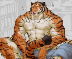  6:5 abs anthro athletic awake bed bed_sheet bedding biceps big_muscles biped bodily_fluids book captainjohkid chest_tuft clothed clothing computer countershade_hands countershading digital_media_(artwork) ear_tuft electronics fangs felid fur furniture growth half-closed_eyes hi_res inside japanese_text library male mammal muscular muscular_anthro narrowed_eyes nude orange_body orange_fur pantherine pecs pink_nose red_eyes sitting solo stripes tears teeth text tiger tongue tongue_out topless transformation translation_request tuft were werefelid werepantherine weretiger whiskers white_body white_fur 