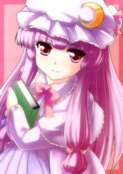  book bow bowtie capelet commentary_request crescent dress female frilled_shirt_collar frills hairbow hat hat_ribbon highres holding holding_book long_hair long_sleeves looking_at_viewer mob_cap pajamas patchouli_knowledge photoshop_(medium) purple_eyes purple_hair ribbon smile solo striped_clothes striped_pajamas tdk touhou 