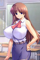  bb blue_eyes bow breasts brown_hair brown_hair classroom double_bun fan female formal gunner-l highres hips huge_breasts indoors jet_(angelravishment) large_breasts legs legs_crossed long_hair miniskirt no_bra oppai_baka pantyhose purple_eyes shino_sakura skirt skirt_suit solo stool suit teacher thighs tight_dress updo 