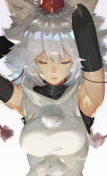  absurdres animal_ears armpits arms_behind_head arms_up black_gloves breasts commentary_request elbow_gloves female gloves gorimaro half-closed_eyes hat highres inubashiri_momiji lips medium_breasts nose parted_lips photoshop_(medium) pom_pom_(clothes) shiny_skin simple_background sleeveless solo tokin_hat touhou upper_body white_background white_hair wolf_ears 