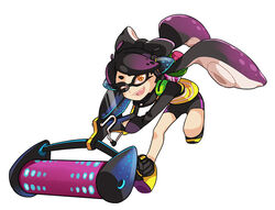  +_+ +_- bent_over bike_shorts black_hair callie_(splatoon) commentary english_commentary fangs female gomipomi headgear hero_roller_(splatoon) ink_tank_(splatoon) inkling long_hair mole mole_under_eye one_eye_closed open_mouth paint_roller photoshop_(medium) running simple_background smile solo splatoon_(series) splatoon_1 squidbeak_splatoon tentacle tentacle_hair white_background 