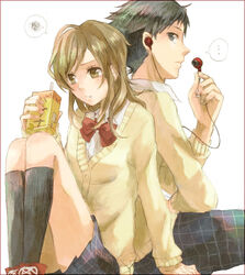  ... 1boy akimo_(cb21) black_hair black_legwear blush brown_hair commentary_request earphones female juice juice_box kneehighs natsume_asako pants photoshop_(medium) sasahara_souhei school_uniform short_hair single_earphone_removed skirt socks spoken_squiggle squiggle sweater_vest tonari_no_kaibutsu-kun 