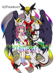  2009 animal_humanoid anthro birthday black_body black_feathers black_scales blonde_hair bottomwear breasts claws clothed clothing dragon duo english_text feathered_wings feathers female gift hair humanoid lagomorph legendz linvar long_hair looking_at_viewer male mammal muscular mythological_creature mythological_scalie mythology nipple_outline purple_hair ranshiin scales scalie simple_background size_difference skirt tail text tigerlilylucky white_background white_body white_scales wings 