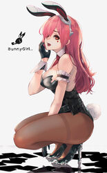  :d animal_ears bare_shoulders belt black_footwear black_leotard breasts brown_pantyhose cleavage commentary_request detached_collar facial_mark fake_animal_ears fake_tail female from_side grey_background hair_over_one_eye hairband hand_on_own_face high_heels highres leotard long_hair looking_at_viewer looking_to_the_side medium_breasts mille_(dieci) open_mouth original pantyhose pink_hair playboy_bunny pouch rabbit_ears rabbit_tail red_eyes simple_background smile solo squatting strapless strapless_leotard tail thighband_pantyhose wrist_cuffs 