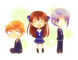  2boys chibi female fruits_basket honda_tohru honda_tooru multiple_boys nomo red_hair silver_hair sohma_kyo sohma_kyou sohma_yuki souma_kyou souma_yuki 