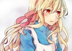  blonde_hair commentary_request female gradient_background gradient_eyes hair_ornament hair_ribbon hairband kagerou_project kozakura_marry long_hair multicolored_eyes parted_lips ribbon ringomaru simple_background solo 