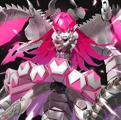  android black_background blue_eyes circle_skirt commentary crossed_arms elizabeth_bathory_(fate) elizabeth_bathory_(fate/extra_ccc) fate/grand_order fate_(series) female hair_between_eyes horns long_hair looking_at_viewer mecha mecha_eli-chan_(fate) mechanical_skirt open_mouth pink_hair robot signature skirt solo sparks tail wings yd_(orange_maru) 