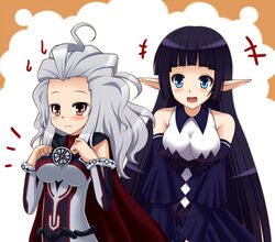  2girls black_hair blue_eyes blush breast_envy cape cardfight!!_vanguard dark_irregulars detached_sleeves doreen_the_thruster elf elf_ears gray_hair grey_hair hysteric_shirley long_hair multiple_girls pointy_ears red_eyes 