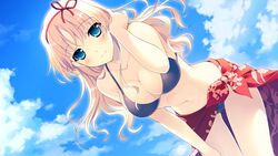  adjusting_hair aete_mushisuru_kimi_to_no_mirai aqua_eyes bent_over bikini blonde_hair blush breasts cleavage cloud collarbone day female game_cg hair_ribbon hairband highres long_hair medium_breasts navel print_sarong red_sarong ribbon riv_(rivleaf) sarong sky smile solo swimsuit tachibana_minami_(aeteno) 