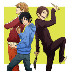  3boys :d back-to-back bakuman black_hair black_pants black_shirt blonde_hair blue_eyes blue_jacket brown_eyes brown_hair commentary_request crossed_arms denim glasses jacket jeans ku2 leg_up long_sleeves looking_at_another looking_back male_focus mashiro_moritaka multiple_boys niizuma_eiji open_mouth outstretched_hand pants pen pencil red_jacket shirt short_hair simple_background smile takagi_akito v-shaped_eyebrows white_background yellow_background 