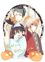  3boys animal_ears aqua_eyes black_hair blonde_hair blue_eyes blue_hair commentary_request fox_ears halloween hand_fan hat horikawa_kunihiro japanese_clothes male_focus multiple_boys open_mouth pumpkin red_eyes smile tokin_hat touken_ranbu triangular_headpiece ui_(majiwi) yamabushi_kunihiro yamanbagiri_kunihiro 