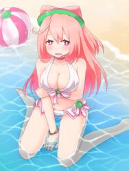  absurdres ball beachball bikini blush breast_hold breasts cleavage commentary_request female hacka_doll hacka_doll_2 highres hime_ringo large_breasts long_hair looking_at_viewer navel open_mouth partially_submerged pink_eyes pink_hair sitting solo swimsuit wariza water wavy_mouth 