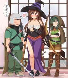  2girls arrow artist_self-insert bad_id bad_pixiv_id banned_artist black_gloves bow_(weapon) breasts brown_hair character_request cherry_blossoms cleavage cloak commentary_request cosplay crossed_arms dragon&#039;s_crown elf_(dragon&#039;s_crown) elf_(dragon&#039;s_crown)_(cosplay) gloves green_eyes green_hair halloween halloween_costume heart highres kantai_collection large_breasts long_hair multiple_girls quiver shin&#039;en-san shin&#039;en_(gyokuro_company) shorts sorceress_(dragon&#039;s_crown) sorceress_(dragon&#039;s_crown)_(cosplay) spoken_heart sword tattoo translation_request very_long_hair weapon yamato_(kantai_collection) zuikaku_(kantai_collection) 