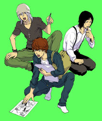  3boys annoyed bag bakuman bandana black_eyes black_hair brown_hair commentary_request denim fukuda_shinta green_background green_pants grey_shirt hiramaru_kazuya jacket jeans knee_up long_sleeves looking_at_another looking_away male_focus moyo_(inuchiyo) multiple_boys nervous open_mouth pages pants pen pencil seiza shirt short_hair simple_background sitting socks squatting suspenders sweatdrop white_hair white_shirt yujiro_hattori 