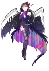  akemi_homura akuma_homura argyle argyle_legwear bare_shoulders black_hair bow choker dark_orb_(madoka_magica) dress elbow_gloves feathered_wings female gloves hairbow highres long_hair, looking_to_the_side mahou_shoujo_madoka_magica mahou_shoujo_madoka_magica_movie null_(chronix) purple_eyes simple_background solo spoilers thighhighs transparent_background wings zettai_ryouiki 