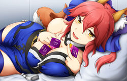  animal_ears bare_shoulders blue_thighhighs blush bol_(liliymimi) bow breasts card cleavage commentary_request detached_sleeves fate/extra fate/grand_order fate_(series) female fox_ears fox_tail gift_card hair_ribbon hairbow highres itunes japanese_clothes large_breasts long_hair looking_at_viewer lying oerba_yun_fang open_mouth pink_hair ribbon solo tail tamamo_(fate) tamamo_no_mae_(fate/extra) thighhighs twintails yellow_eyes 