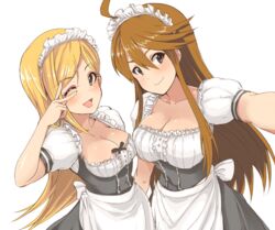  2girls alternate_costume asymmetrical_docking bad_id bad_pixiv_id blonde_hair blush breast_press breasts brown_hair cleavage enmaided fujimoto_rina grey_eyes idolmaster idolmaster_cinderella_girls idolmaster_million_live! large_breasts long_hair looking_at_viewer maid medium_breasts multiple_girls one_eye_closed selfie smile square_neckline swept_bangs tokoro_megumi upanishi_mariko upper_body v_over_eye 