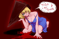  bad_id bad_pixiv_id bare_arms bare_legs barefoot blonde_hair blood blood_on_clothes blood_on_face blood_splatter blood_stain blue_dress breasts cleavage coffinkun commentary_request cosplay dress female green_eyes hair_over_one_eye hand_on_headwear hat head_tilt heart helmet highres kneeling large_breasts looking_at_viewer off_shoulder pyramid_head pyramid_head_(cosplay) red_background seductive_smile short_hair silent_hill_(movie) silent_hill_(series) silent_hill_2 sleeveless smile solo trick_or_treat usotsuki yume_nisshi 