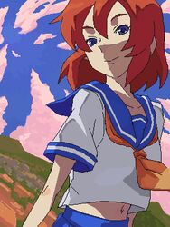  bad_id bad_pixiv_id blue_eyes cloud commentary_request female higurashi_no_naku_koro_ni kon_(kdash) looking_at_viewer lowres navel oekaki orange_hair ryuuguu_rena school_uniform serafuku short_hair skirt sky smile solo 