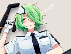  bad_id bad_pixiv_id bladed_tonfa breasts closed_eyes commentary_request eyepatch female furo_(harirate) gloves green_hair hair_over_one_eye medium_breasts necktie otonashi_kiruko police police_uniform policewoman shinmai_fukei_kiruko-san short_hair sleeping solo tonfa uniform weapon white_gloves 