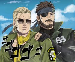  2boys absurdres araki_hirohiko_(style) badge beard big_boss blonde_hair blue_sky brown_eyes brown_hair cloud commentary_request day earrings eyepatch facial_hair gloves headband highres jacket jewelry jojo_no_kimyou_na_bouken kazuhira_miller lapel_pin male_focus menacing_(jojo) metal_gear_(series) multiple_boys ootsuka_akio parody partially_fingerless_gloves peace_symbol scarf sky soldagarius sound_effects stud_earrings style_parody sugita_tomokazu sunglasses voice_actor_connection yellow_scarf 