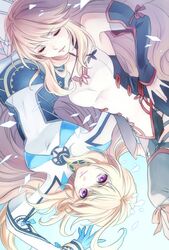  2girls bad_id bad_pixiv_id blonde_hair closed_eyes detached_sleeves dual_persona gloves gradient_hair green_hair long_hair lotter75 milla_maxwell milla_maxwell_(tox2) multicolored_hair multiple_girls purple_eyes skirt tales_of_(series) tales_of_xillia tales_of_xillia_2 thighhighs 