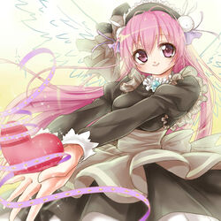  black_dress commentary_request dress female frills hair_ornament heart highres juliet_sleeves leno^a^ long_hair long_sleeves looking_at_viewer misha_(pita_ten) outstretched_arms outstretched_hand petticoat pink_eyes pink_hair pita_ten puffy_long_sleeves puffy_sleeves purple_eyes purple_ribbon rabbit_hair_ornament ribbon signature smile solo sparkle very_long_hair wings 