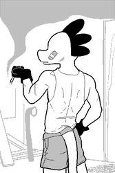  2017 alligator alligatorid anthro ass athletic band-aid bandage black_and_white bottomwear cigarette clothed clothing crocodilian door fully_clothed gloves hands_on_hips handwear humanoid_hands lumber male monochrome muscular muscular_anthro night_in_the_woods pashoo pipe plank pockets reptile scalie shirt shorts smoke smoking solo steve_scriggins tank_top topwear 