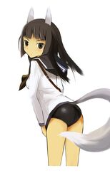  anabuki_tomoko animal_ears black_eyes black_hair clothes_pull commentary_request female fox_ears fox_girl fox_tail from_behind looking_back one-piece_swimsuit rasielcochma school_swimsuit school_uniform serafuku serasuku shirt_pull solo strike_witches:_suomus_misfits_squadron sweatdrop swimsuit swimsuit_under_clothes tail white_background world_witches_series 