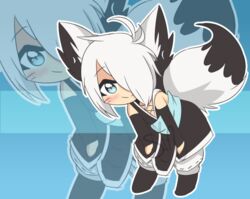  ambiguous_gender animal_humanoid blue_eyes boots canid canid_humanoid canine canine_humanoid chibi clothing footwear fox_humanoid hair hair_over_eye humanoid mammal mammal_humanoid one_eye_obstructed short_hair sinamuna solo white_hair 