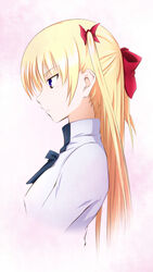  blonde_hair bow christiane_friedrich commentary_request female from_side hair_ribbon hairbow highres kawakami_academy_school_uniform kokutou long_hair maji_de_watashi_ni_koi_shinasai! mole profile purple_eyes ribbon school_uniform solo two_side_up upper_body 