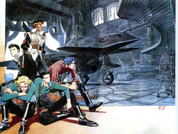  1990s_(style) 4boys aircraft airplane antennae aoki_uru bandana black_hair blonde_hair blue_hair boots canards car character_request dark_skin eyebrows female gloves hangar highres jet long_hair military military_uniform motor_vehicle multiple_boys official_art pilot pilot_suit ponytail production_art retro_artstyle sadamoto_yoshiyuki scan science_fiction serious sitting spacecraft traditional_media uniform uru_(aoki_uru) window 