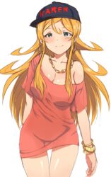  bad_id bad_pixiv_id bare_shoulders baseball_cap blonde_hair blue_eyes blush bracelet breasts cleavage collarbone cowboy_shot earrings female hat idolmaster idolmaster_million_live! jewelry long_hair medium_breasts no_pants off_shoulder shinomiya_karen short_sleeves simple_background smile solo thigh_gap upanishi_mariko white_background 