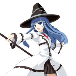  blue_eyes blue_hair coat commentary female hat highres hime_cut long_hair long_sleeves mages. mole mole_under_eye neptune_(series) open_mouth pleated_skirt puffy_long_sleeves puffy_sleeves sai_(bankoru) skirt solo staff witch_hat 