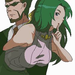  1boy bare_shoulders beard breasts commentary_request facial_hair female finger_to_mouth formal green_hair higurashi_no_naku_koro_ni jewelry kasai_tatsuyoshi kon_(kdash) large_breasts long_hair looking_at_viewer lowres necklace necktie oekaki simple_background skirt sonozaki_shion suit sunglasses sweater_vest 