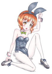  absurdres animal_ears bow bowtie breasts cleavage commentary_request fake_animal_ears female girls_und_panzer hidaka_medaka high_heels highres nishizumi_miho pantyhose photoshop_(medium) playboy_bunny rabbit_ears short_hair small_breasts solo white_pantyhose 