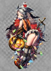  ass bangle bat_(animal) bow bracelet braid candy checkered_background commentary_request cross demon_girl demon_tail fake_wings female flat_ass food fu-mi.a full_body green_eyes grey_background grey_hair hair_ornament hairband halloween head_wings holding jack-o&#039;-lantern jewelry lollipop mary_janes mouth_hold oerba_yun_fang original over-kneehighs pointy_ears pumpkin shoes short_hair skirt skull_hair_ornament solo striped_clothes striped_thighhighs swirl_lollipop tail thighhighs wings wrapped_candy 