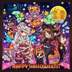  6+girls :c :d animal_ears animalization ascot bandages bat_(animal) bird blue_fire bow broom broom_riding brown_eyes brown_hair bun_cover candy cape closed_eyes commentary_request crescent double_bun entangled fiery_wings fire floppy_ears flying food frog fujiwara_no_mokou full_moon ghost glasses grey_hair hair_bun hairbow halloween halloween_costume happy_halloween hat hat_bow heart highres ibaraki_kasen jack-o&#039;-lantern japanese_clothes kimono kirisame_marisa lantern little_green_men lollipop long_hair long_sleeves looking_at_viewer mini_person minigirl moon mouse_(animal) multiple_girls mummy_costume obi oerba_yun_fang one_eye_closed open_mouth panda pants phoenix pink_hair pote_(ptkan) purple_eyes purple_hair rabbit_ears red-framed_eyewear red_eyes ringo_(touhou) sash seiran_(touhou) shirt short_hair silhouette single_hair_bun smile snake standing standing_on_one_leg star_(symbol) sukuna_shinmyoumaru suspenders tongue torn_clothes torn_sleeves touhou usami_sumireko very_long_hair wide_sleeves wings 