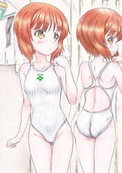  ass breasts commentary_request competition_swimsuit female girls_und_panzer hidaka_medaka highres looking_back nishizumi_miho one-piece_swimsuit photoshop_(medium) racerback school_uniform short_hair small_breasts swimsuit 