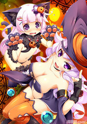  2girls animal_ears animal_hands arm_up arms_up bikini bikini_top_only black_footwear black_skirt blush boots breasts cat_ears cat_tail cleavage collarbone dengeki_hime detached_sleeves embarrassed fingerless_gloves flat_chest from_above gloves hair_ornament hairclip halloween halloween_costume hat jack-o&#039;-lantern jewelry kentei knee_boots knees_together_feet_apart koihime_musou kuwada_yuuki leaning_forward long_hair looking_up multiple_girls navel necklace oerba_yun_fang official_art open_mouth orange_thighhighs paw_gloves paw_pose paw_shoes pink_hair purple_eyes reitei shoes skirt smile striped_clothes striped_thighhighs swimsuit tail thighhighs watermark witch_hat 