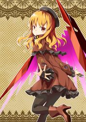  beret black_pantyhose blonde_hair bluekalmia brown_dress commentary_request dress female hat long_hair looking_at_viewer looking_back pantyhose sekaiju_no_meikyuu sekaiju_no_meikyuu_3 skirt solo zodiac_(sekaiju) zodiac_4_(sekaiju) 