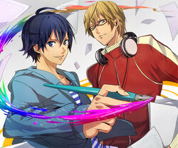  2boys ;) bad_id bad_pixiv_id bakuman blonde_hair blue_eyes blue_hair blue_shirt glasses grey_background headphones jacket looking_at_viewer male_focus mashiro_moritaka mizu_no multiple_boys one_eye_closed pages pen pencil red_jacket shirt short_hair simple_background smile sparkle takagi_akito white_shirt yellow_eyes 