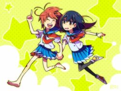  2girls anklet barefoot black_hair commentary dragging english_commentary flip_flappers holding_hands jewelry kokomine_cocona long_hair multiple_girls papika_(flip_flappers) red_hair roirence running school_uniform serafuku smile sweatdrop watch 