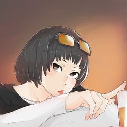  alcohol beer black_eyes brown_eyes cup female layered_clothing long_sleeves looking_at_viewer ohya_ichiko persona persona_5 portrait shirt short_hair solo sunglasses werkbau 