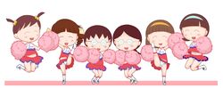  6+girls :d arm_up armpits artist_request black_hair blush braid brown_hair cheering cheerleader chibi_maruko-chan closed_eyes drill_hair female full_body glasses hair_bobbles hair_ribbon hairband hands_up happy honami_tamae jougasaki_himeko jumping kneepits leg_lift lineup lolicon long_hair miniskirt multiple_girls navel open_mouth panties pom_poms ribbon round_glasses sasayama_kazuko sawai_(chibi_maruko-chan) shirt shoes short_hair short_twintails simple_background skirt skirt_flip sleeveless sleeveless_shirt smile socks standing tsuchihashi_toshiko twin_braids twin_drills twintails uchida_keiko white_background 