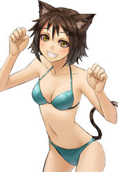  animal_ears animal_pose bikini brown_hair cat_ears female grin kurione_(zassou) looking_at_viewer original short_hair smile solo swimsuit tail yellow_eyes 